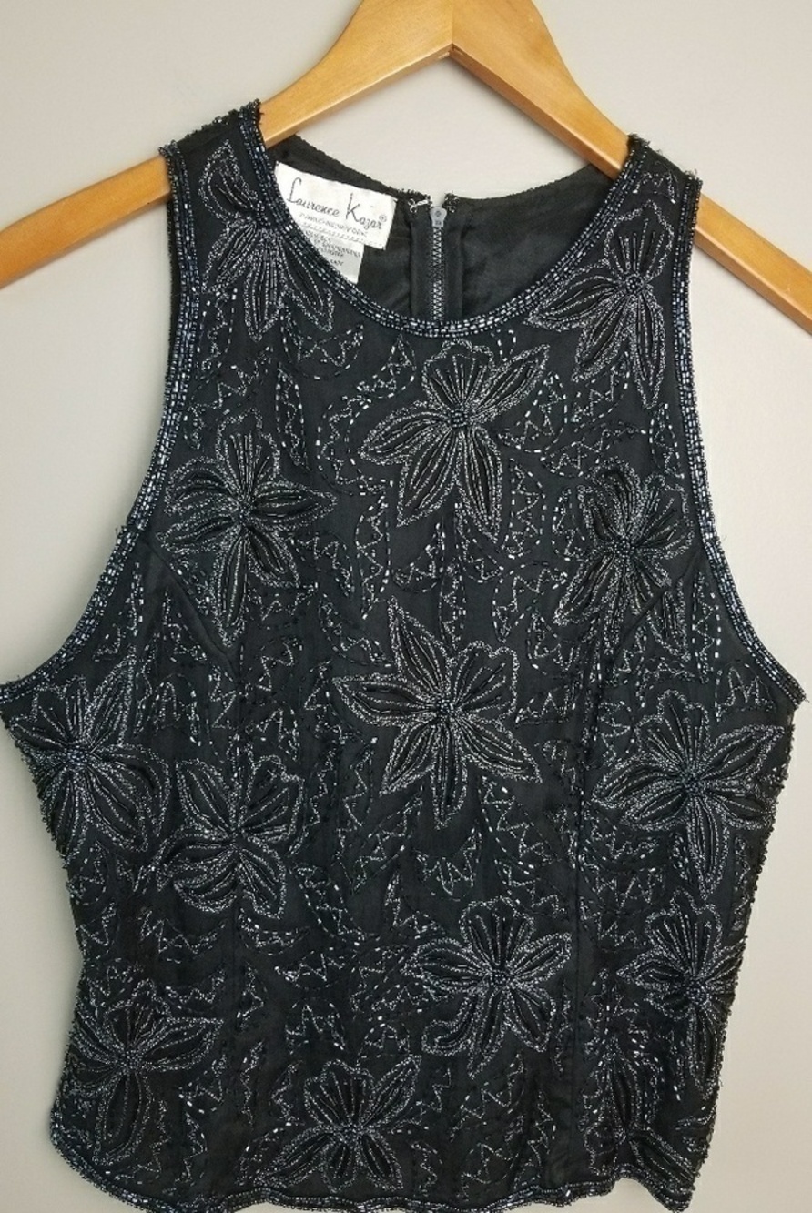LAWRENCE KAZAR Vintage 100% Silk Black Beaded Sleeveless Top Large. - Picture 3 of 9